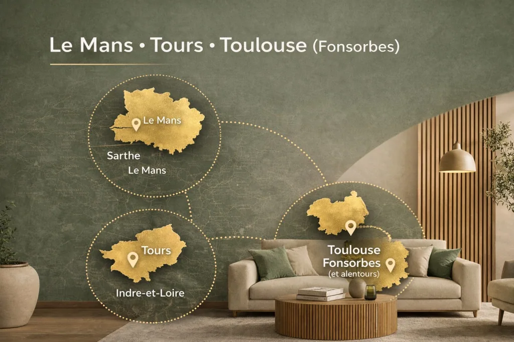 Zones d’intervention de Justin Décors : Le Mans, Tours, Toulouse et Fonsorbes